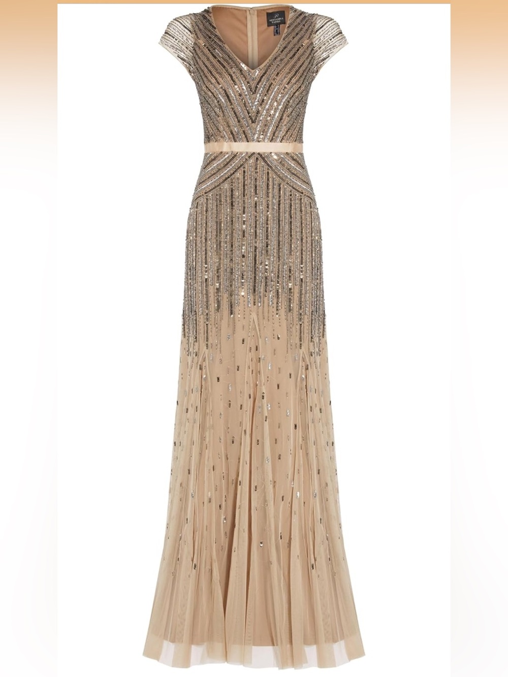 Adrianna Papell Beaded V-Neck Cap Sleeves Size 4 Evening Gown